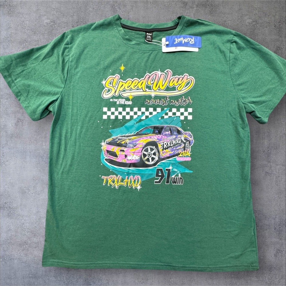 Romwe Speedway Graphic T-Shirt Men's XXL Green Race Car Short Sleeve Tee